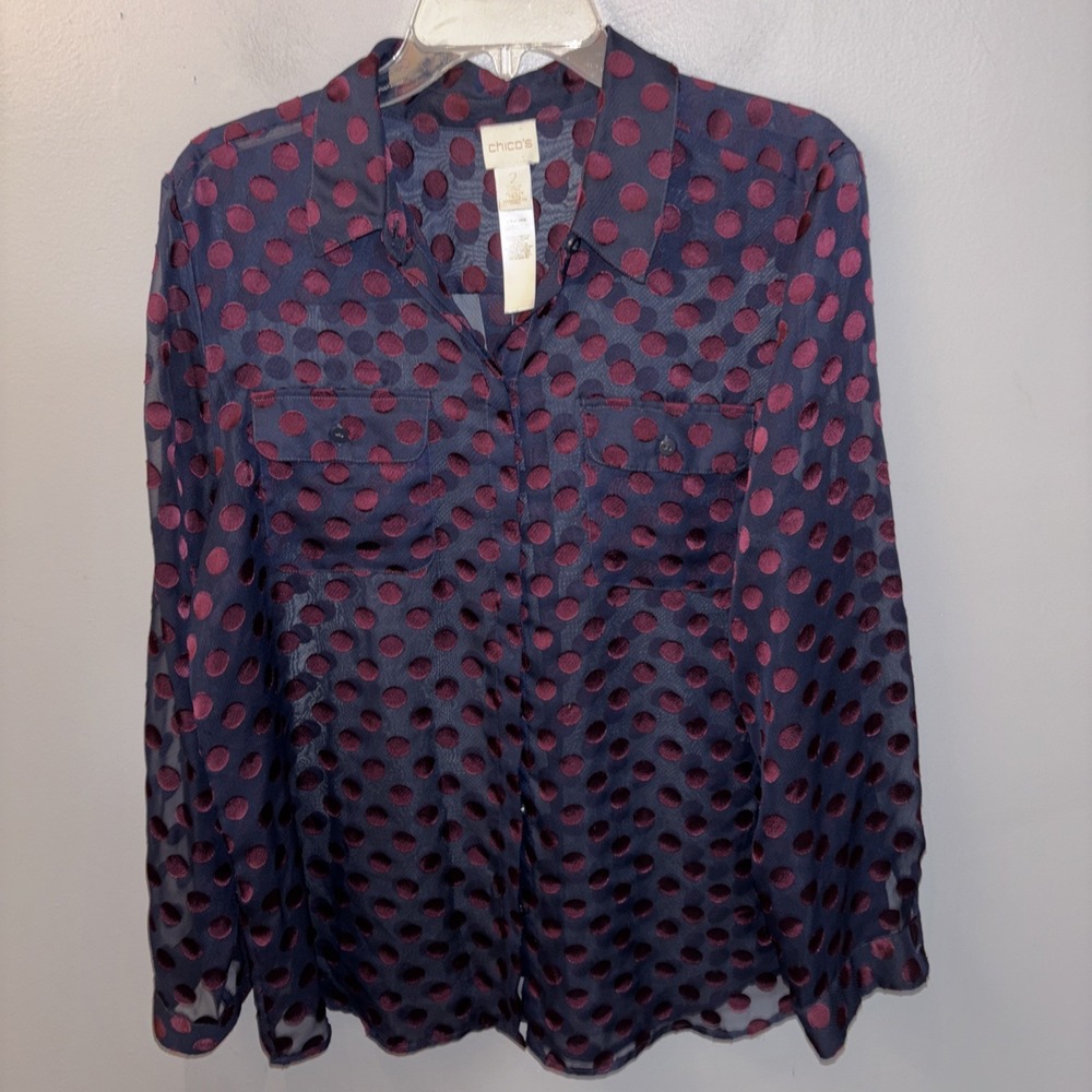 Chico's Navy Purple Polka Dot Button Down Blouse Sheer Long Sleeve Sz 12